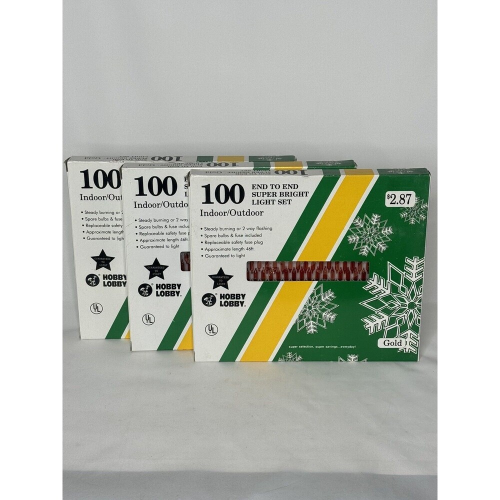 Hobby Lobby Christmas Vintage 1995 Gold 100 Super Bright Light Set X 3 Boxes